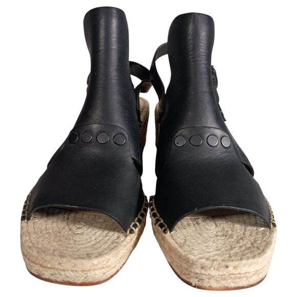 Rag & Bone Sandals 8.5 Womens Black Leather Espadrille Wedge Mid Casual Toe - Picture 3 of 9